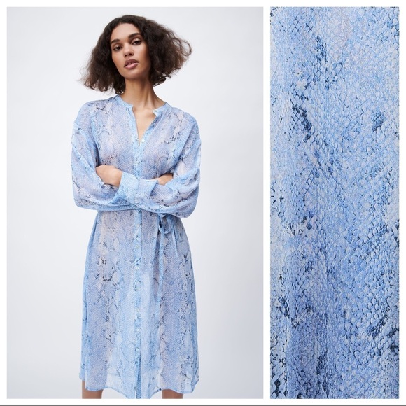 NWT. Zara Blue Semi-Sheer Animal Print Shirt Dress. Size S. - Picture 2 of 10